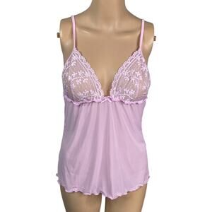 Vtg Y2K Intimissimi Pastel Pink Lace Sheer Coquette Babydoll Camisole SZ L